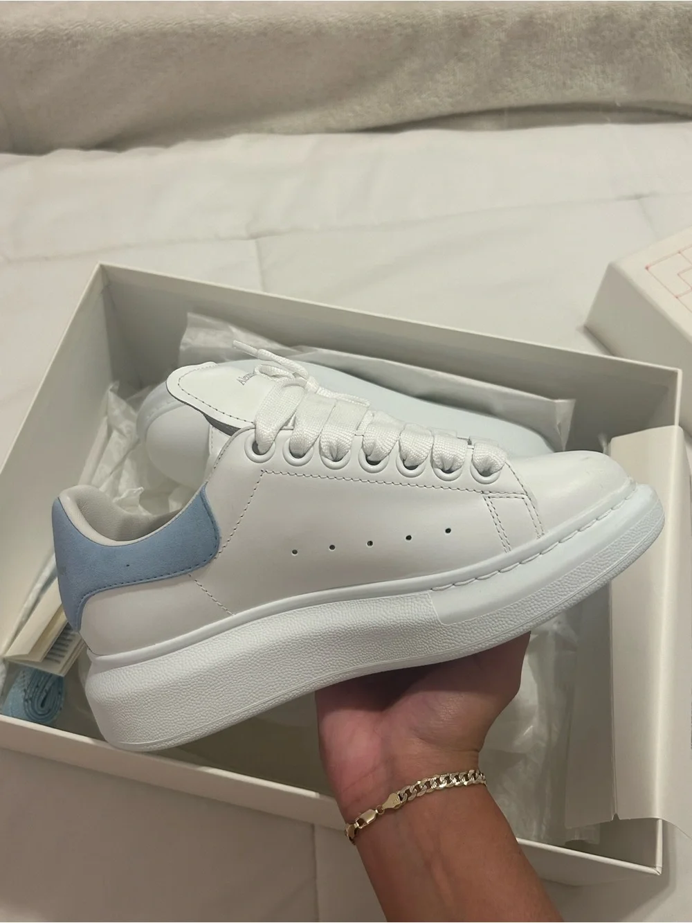 Alexander McQueen White Leather Sneakers with Light Blue Heel Tab